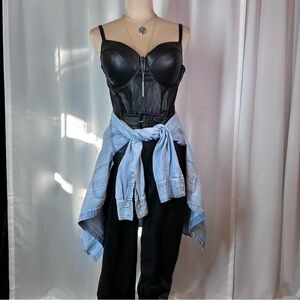 Haute Monde Faux Leather Sz Large Black Zippered Adjustable Straps Jumpsuit READ